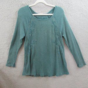 Soft Surroundings Womens Shirt Small Green Thermal Embroidered Long Sleeve Tunic